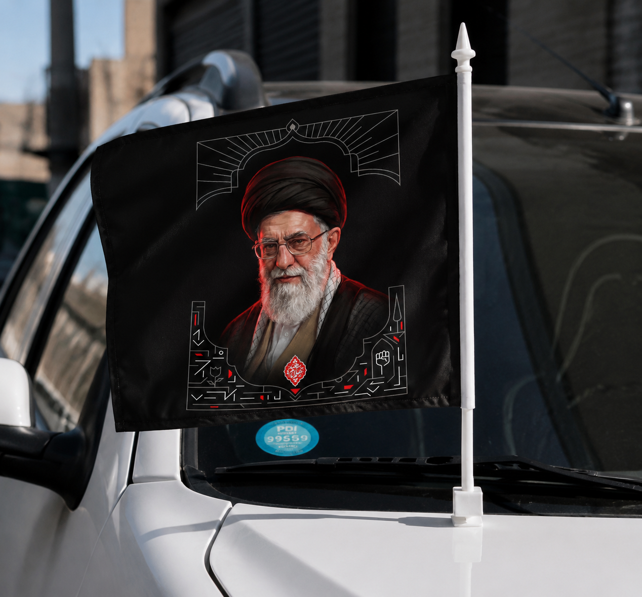 پرچم ماشینی طرح رهبری  وپایه پرچم خودرویی دوکاره نصب کاپوتی وشیشه ماشین