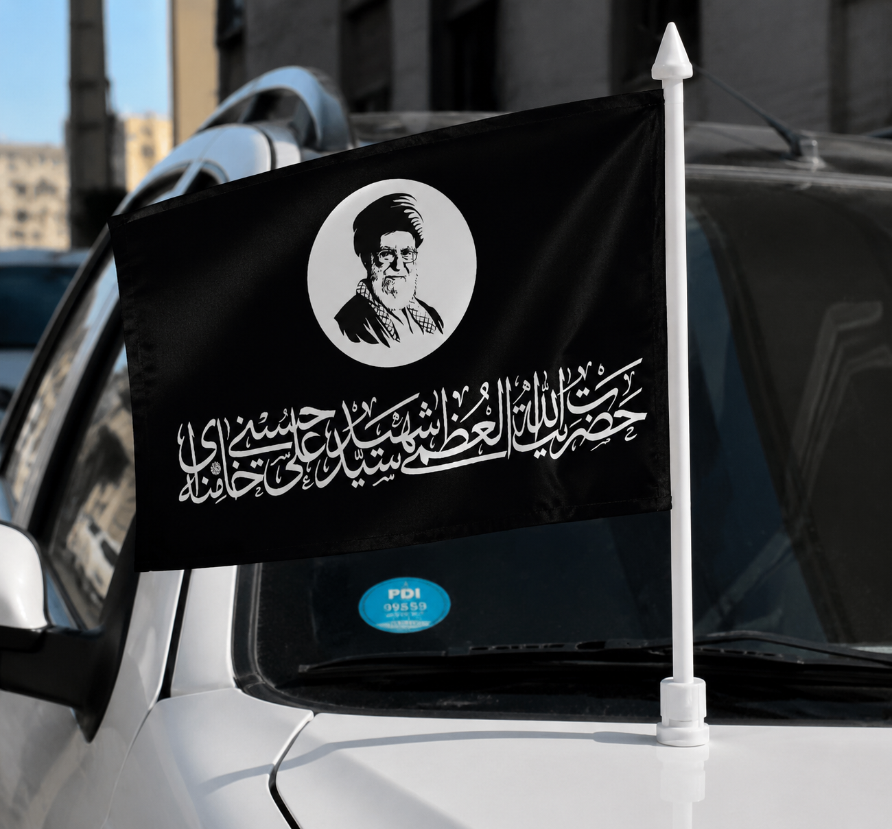پرچم ماشینی طرح رهبری  وپایه پرچم خودرویی دوکاره نصب کاپوتی وشیشه ماشین