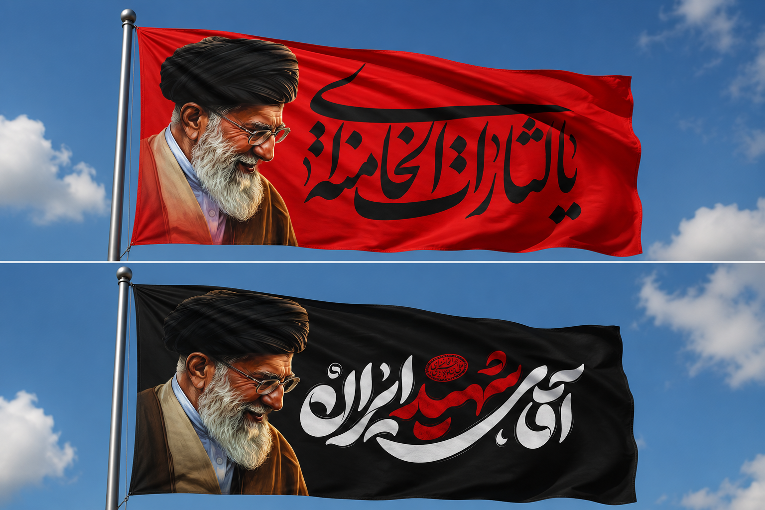 پرچم بزرگ ۱/۵*۲/۵ متریالثارات الخامنه ایی(ذکر درخصوص شهید حضرت اقا)