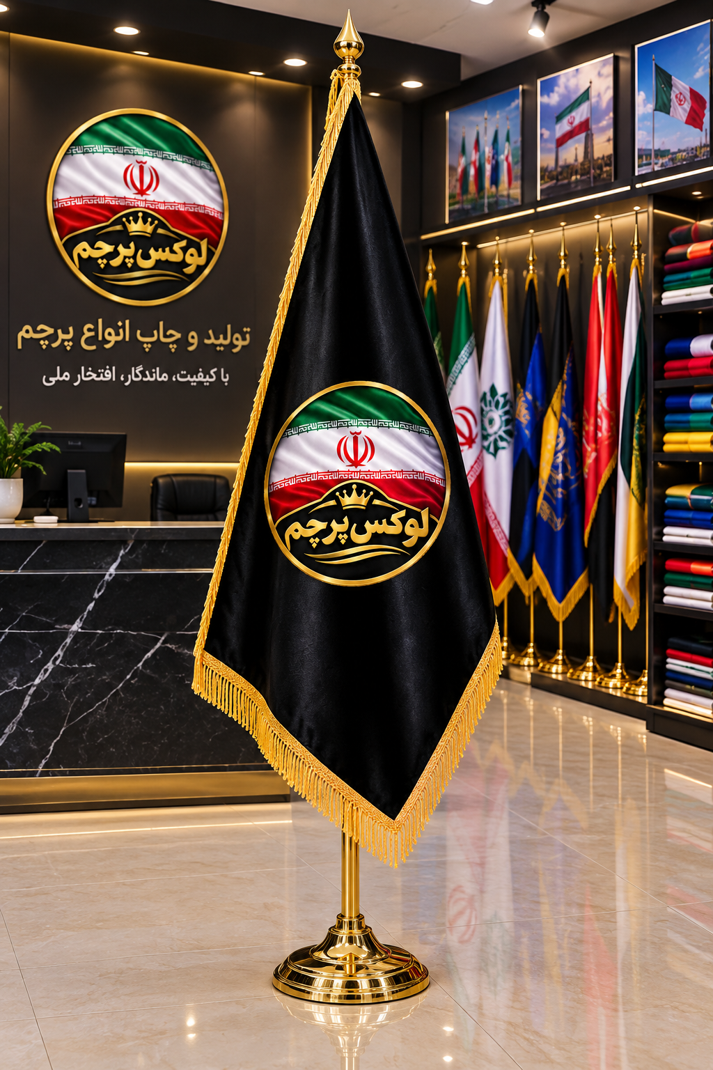 پرچم تشریفاتی لوگو  پشت لمینت به همراه پایه طلایی